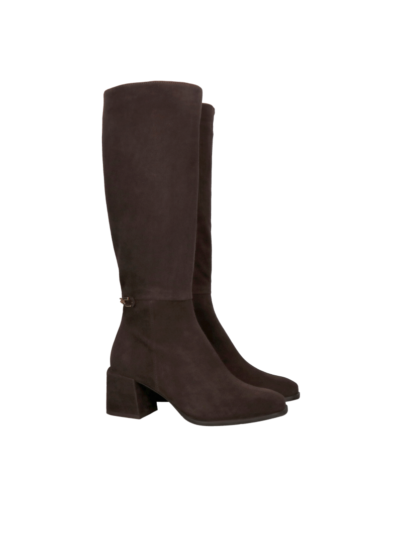 Chocolate suede boots with a heel and delicate decoration, women's brown boots, Konopka Shoes