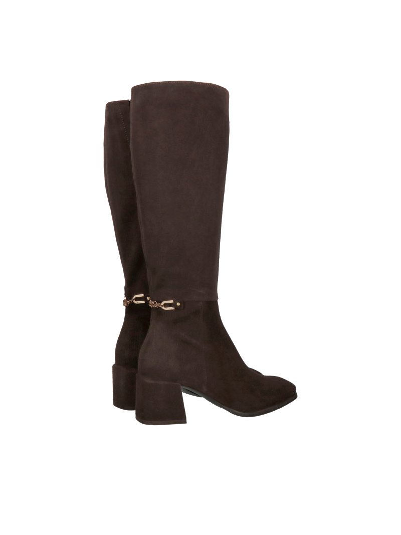 Chocolate suede boots with a heel and delicate decoration, women's brown boots, Konopka Shoes