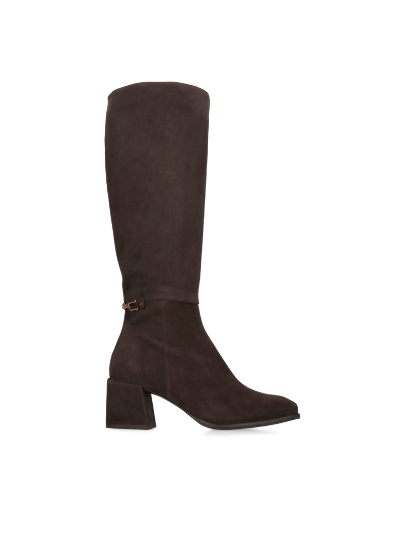 Chocolate suede boots with a heel and delicate decoration, women's brown boots, Konopka Shoes
