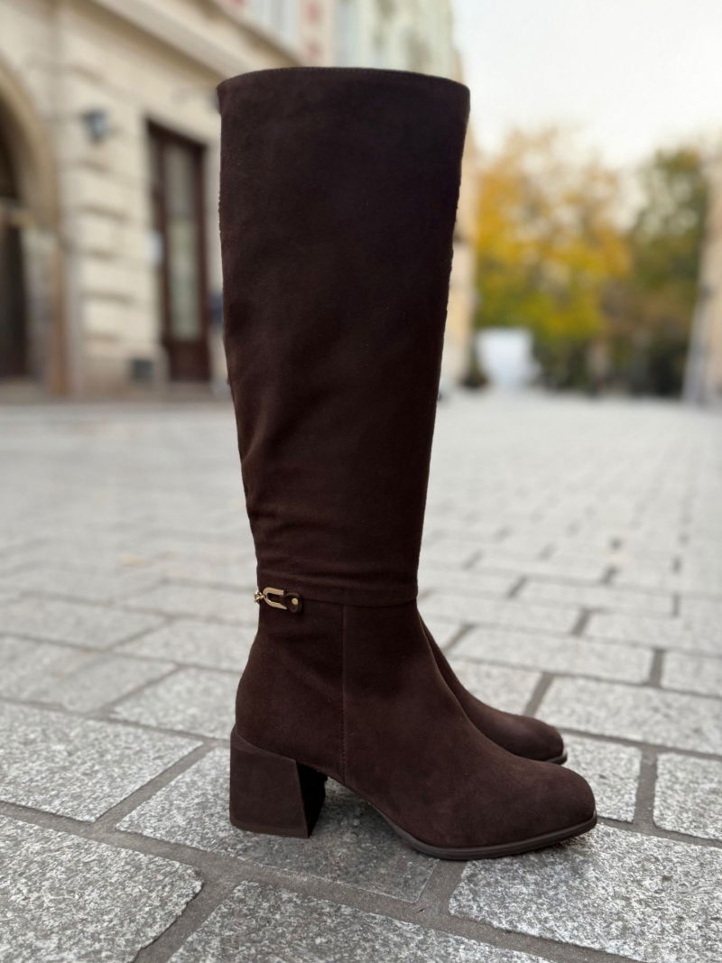 Chocolate suede boots with a heel and delicate decoration, women's brown boots, Konopka Shoes