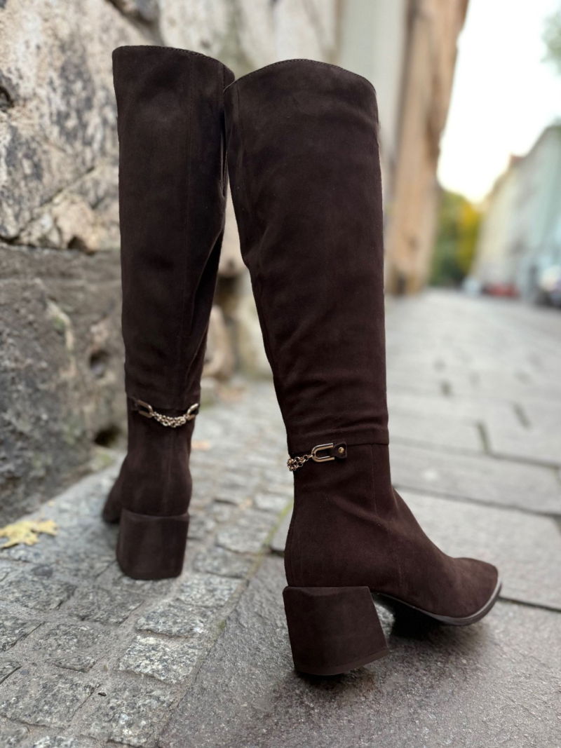 Chocolate suede boots with a heel and delicate decoration, women's brown boots, Konopka Shoes