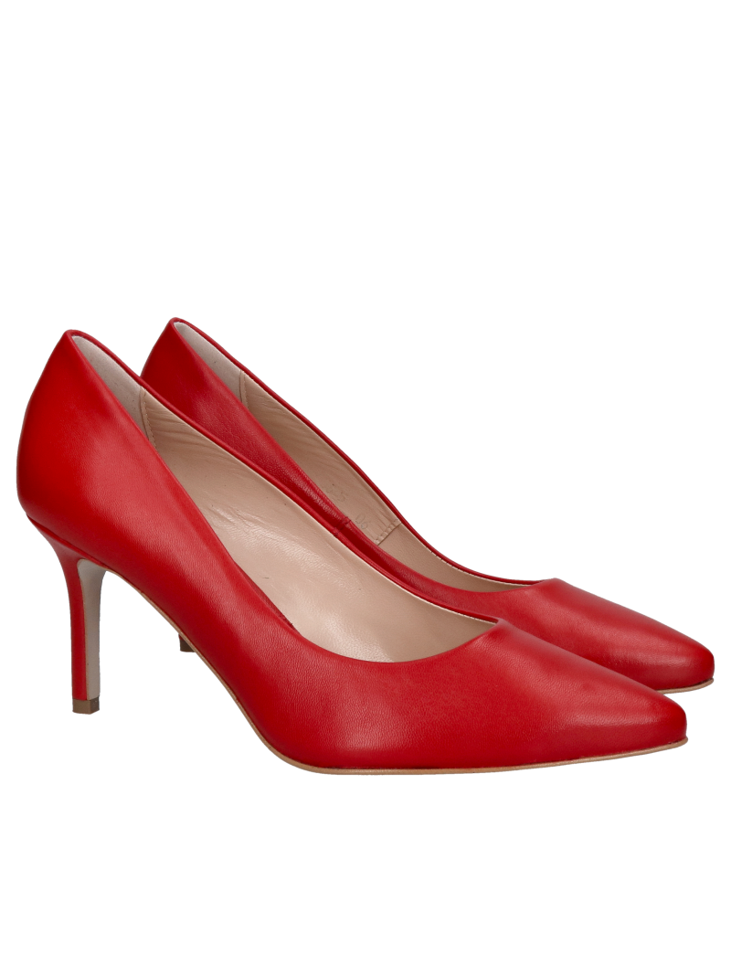 Red pumps with comfortable heels, red stilettos made of natural leather