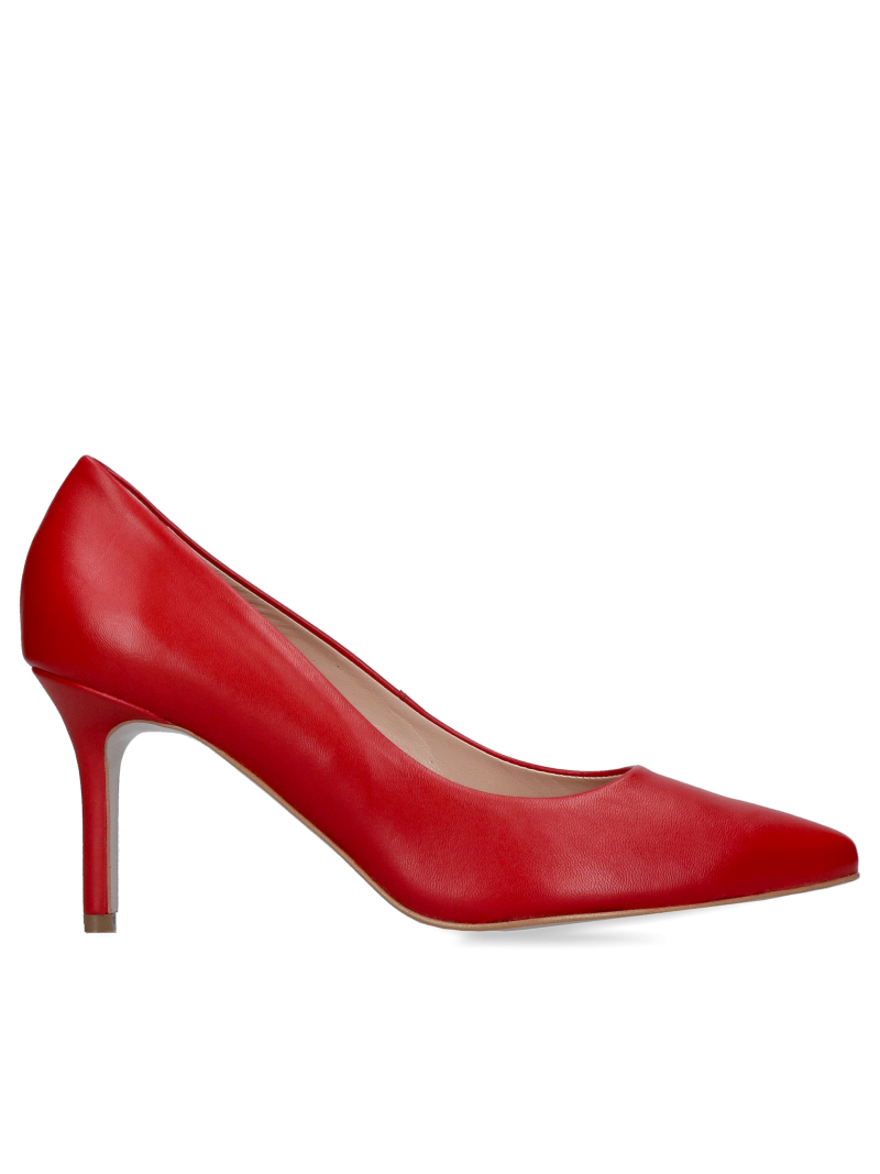 Red pumps with comfortable heels, red stilettos made of natural leather