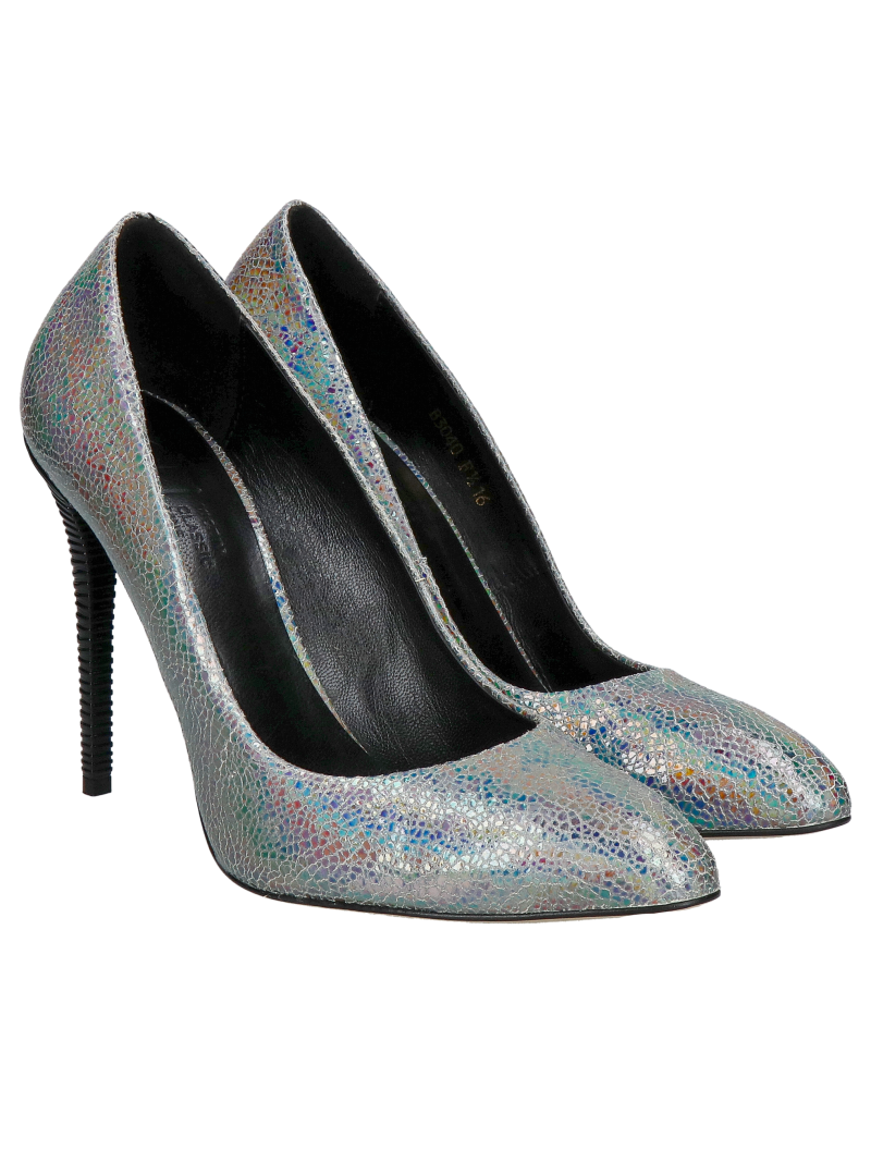 High silver heels with unique natural leather and decorative heel, Konopka Shoes