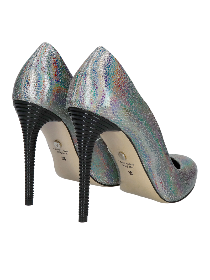 High silver heels with unique natural leather and decorative heel, Konopka Shoes