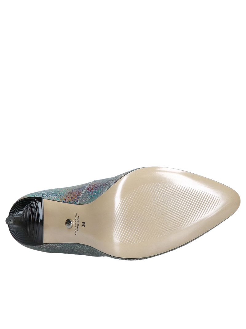 High silver heels with unique natural leather and decorative heel, Konopka Shoes