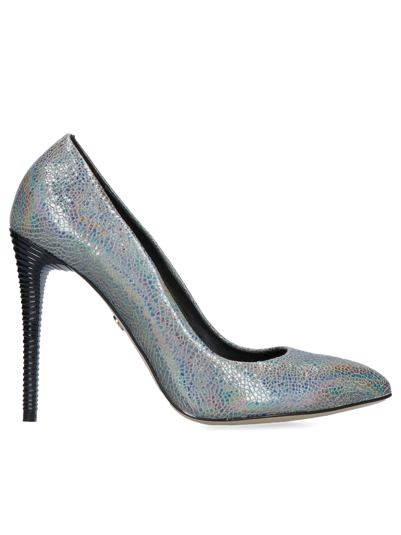 High silver heels with unique natural leather and decorative heel, Konopka Shoes