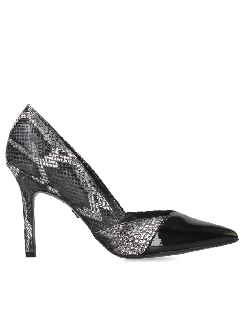 Comfortable stiletto heels with a snake motif combined with patent leather, elegant women's stiletto heels, Konopka Shoes