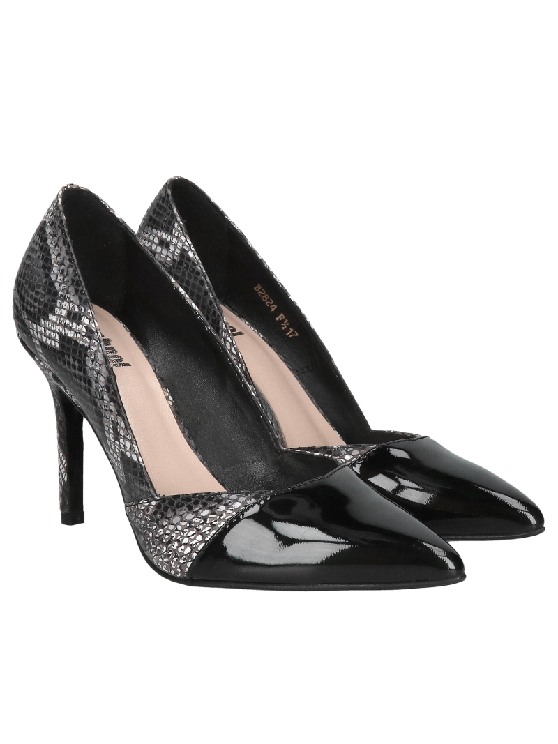Comfortable stiletto heels with a snake motif combined with patent leather, elegant women's stiletto heels, Konopka Shoes