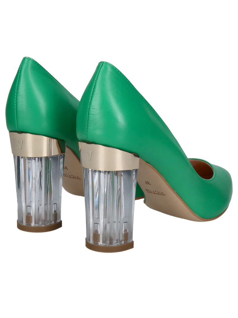 Green pumps with thick transparent heels, unique shoes made of natural leather