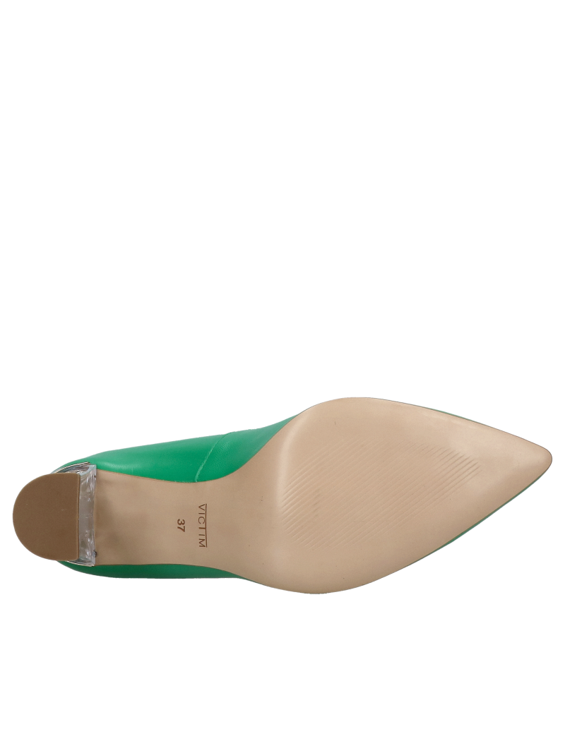 Green pumps with thick transparent heels, unique shoes made of natural leather