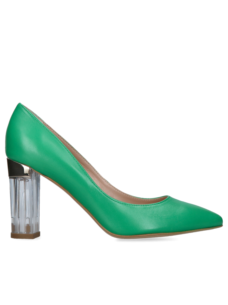 Green pumps with thick transparent heels, unique shoes made of natural leather
