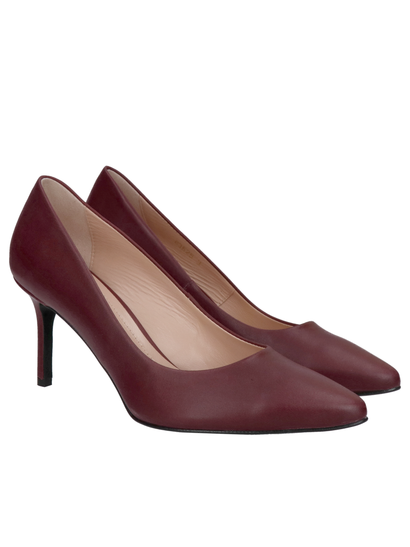 Burgundy women's low-heeled stilettos, leather pumps with low heels
