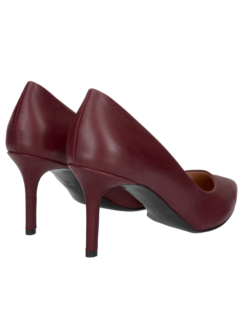 Burgundy women's low-heeled stilettos, leather pumps with low heels