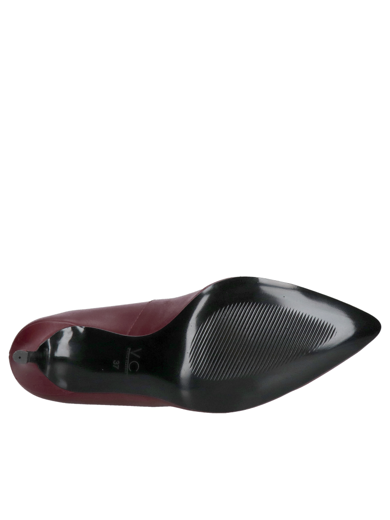 Burgundy women's low-heeled stilettos, leather pumps with low heels