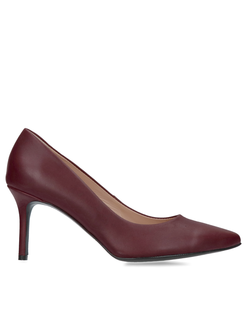 Burgundy women's low-heeled stilettos, leather pumps with low heels