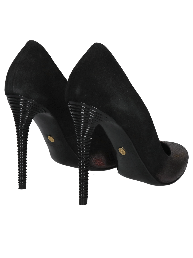 Unique women's high heels with decorative heels in black suede combined with shimmering burgundy, Konopka Shoes