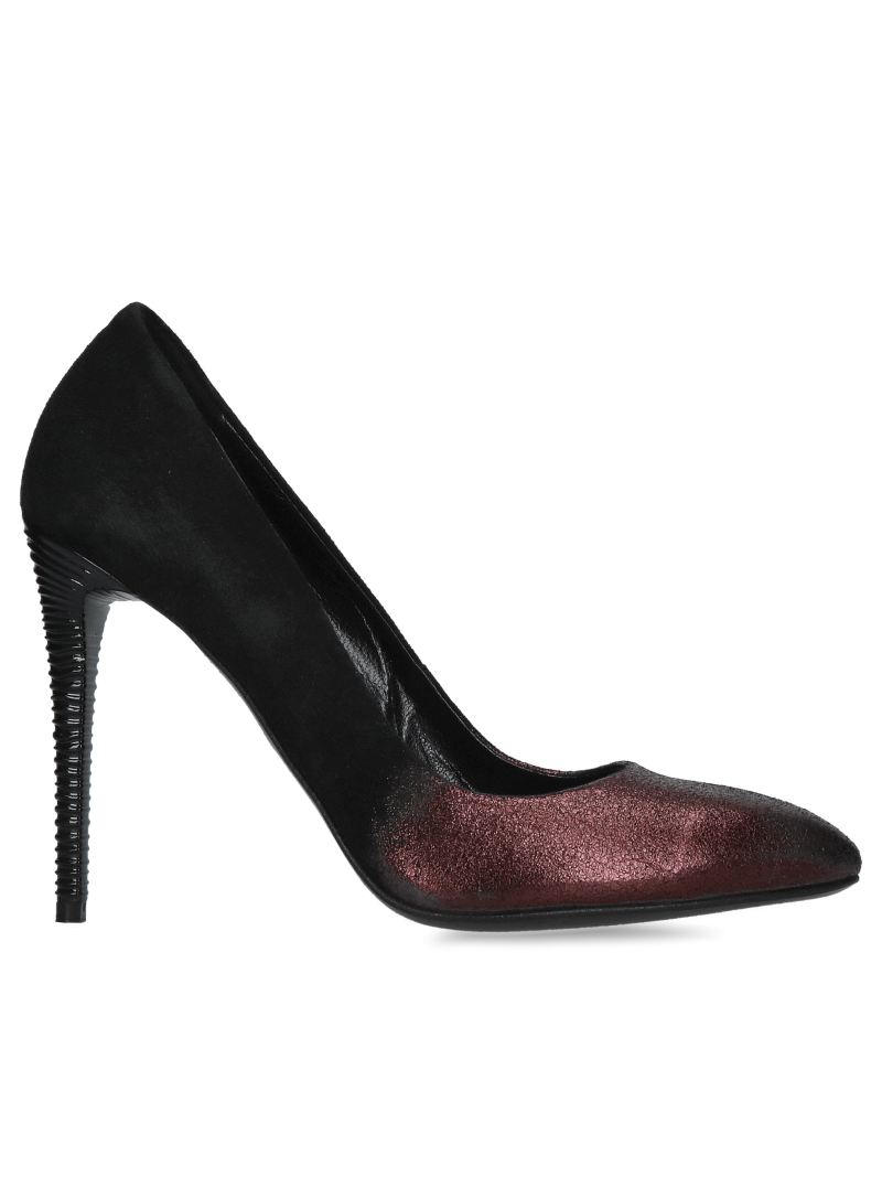 Unique women's high heels with decorative heels in black suede combined with shimmering burgundy, Konopka Shoes