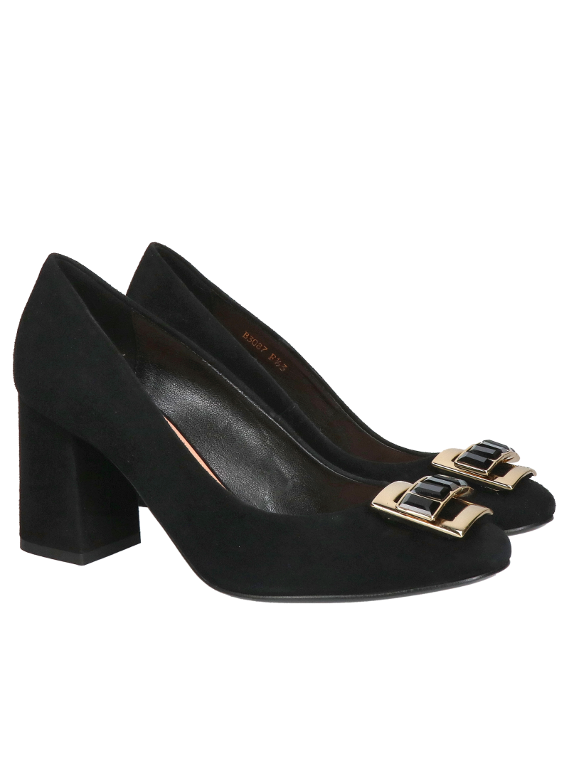 Women's wide-heeled shoes made of black suede leather, suede pumps with a block heel and gold embellishment, Konopka Shoes