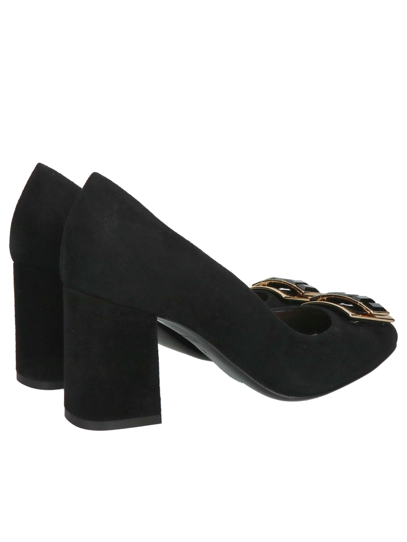 Women's wide-heeled shoes made of black suede leather, suede pumps with a block heel and gold embellishment, Konopka Shoes