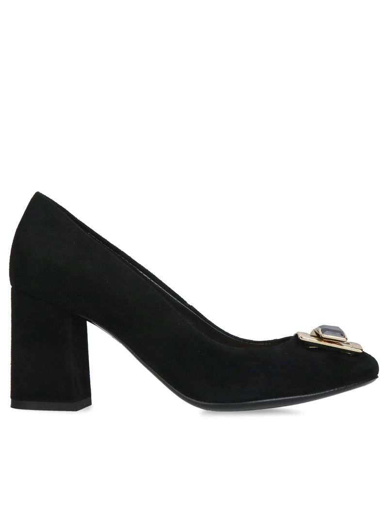 Women's wide-heeled shoes made of black suede leather, suede pumps with a block heel and gold embellishment, Konopka Shoes