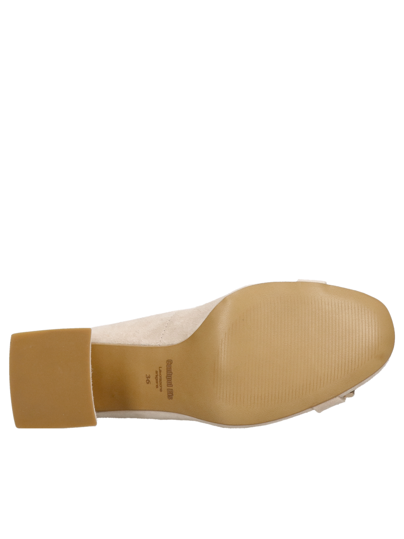 Pumps with a comfortable wide heel made of beige suede, complemented by a beautiful decoration on the front, elegant pumps