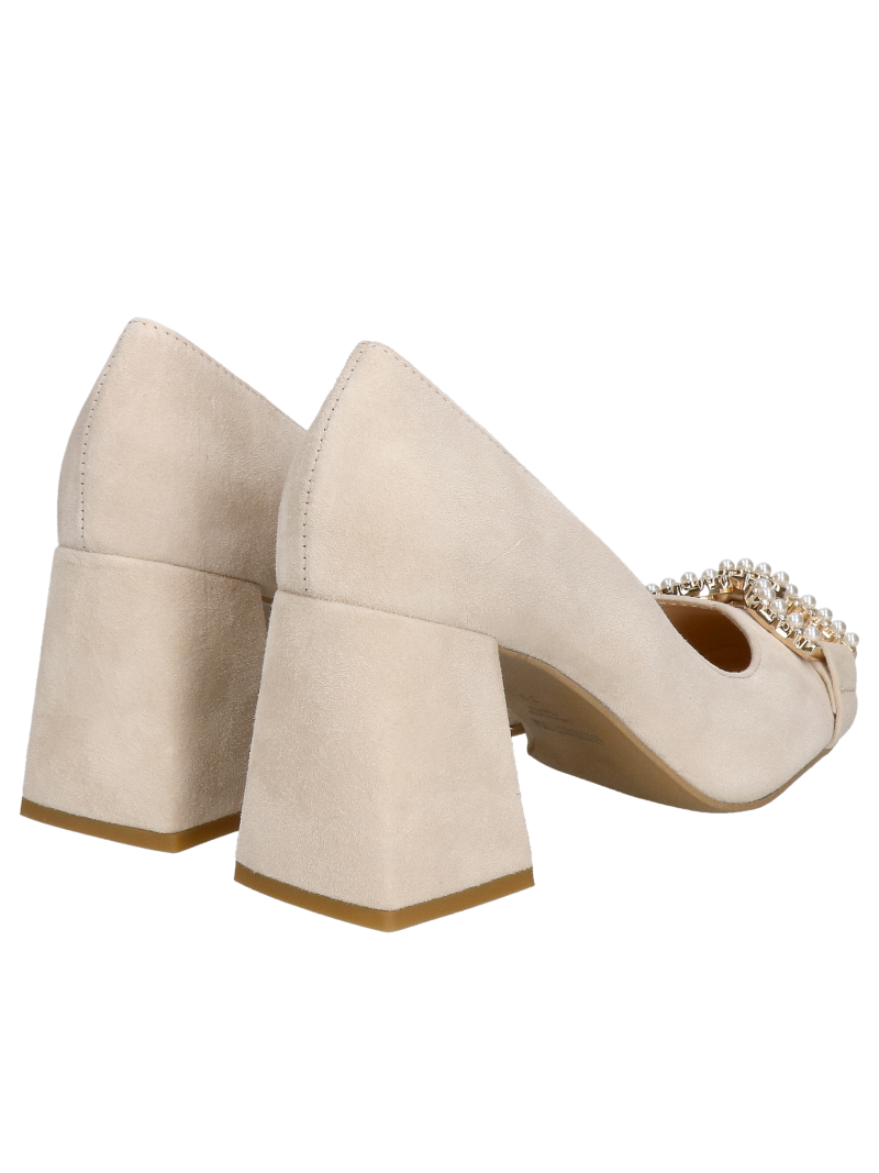 Pumps with a comfortable wide heel made of beige suede, complemented by a beautiful decoration on the front, elegant pumps
