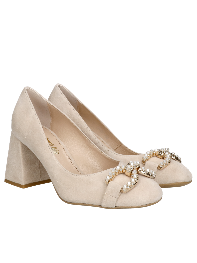 Pumps with a comfortable wide heel made of beige suede, complemented by a beautiful decoration on the front, elegant pumps
