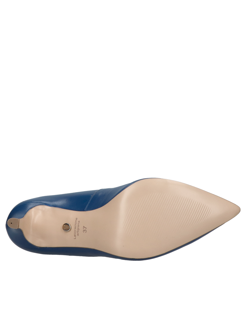 Pointed-toe pumps, comfortable navy blue leather stilettos with low heels