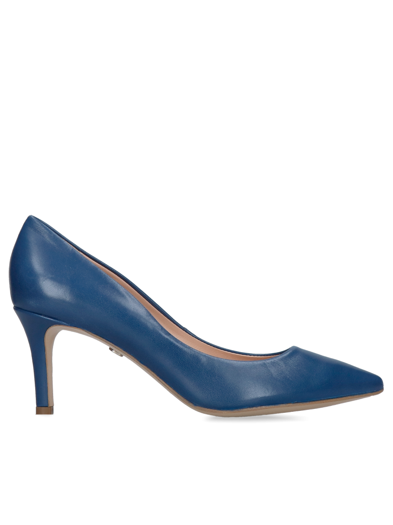 Pointed-toe pumps, comfortable navy blue leather stilettos with low heels