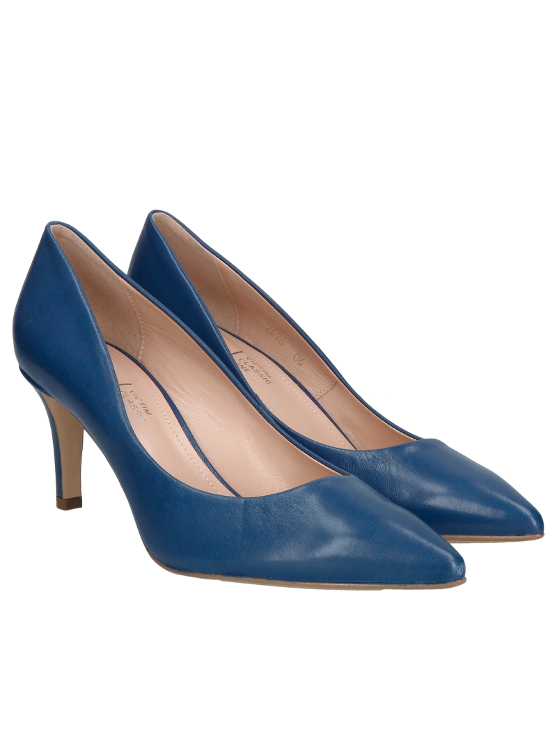 Pointed-toe pumps, comfortable navy blue leather stilettos with low heels