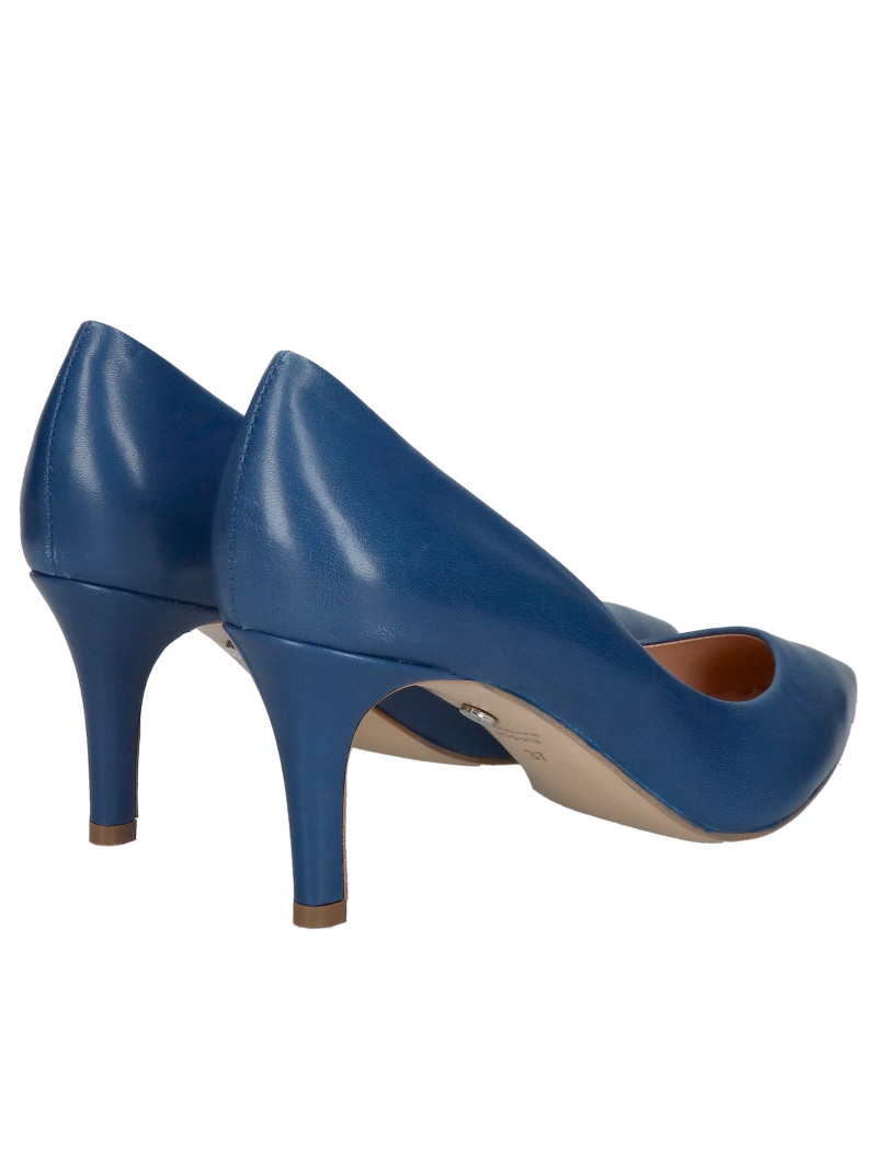 Pointed-toe pumps, comfortable navy blue leather stilettos with low heels