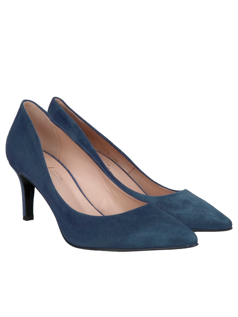 Low-heeled pointed-toe stilettos, navy blue suede pumps, elegant suede stilettos