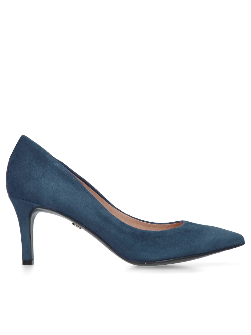 Low-heeled pointed-toe stilettos, navy blue suede pumps, elegant suede stilettos