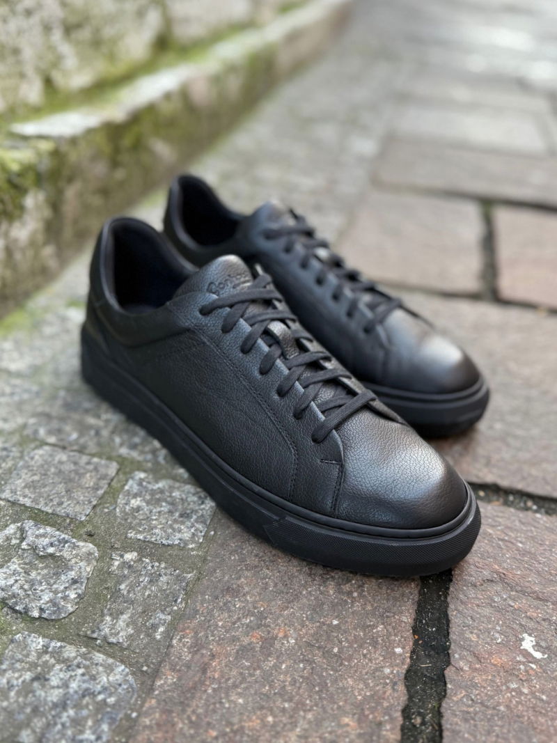 Black men's leather sneakers, fashionable and comfortable sneakers with black soles, Konopka Shoes