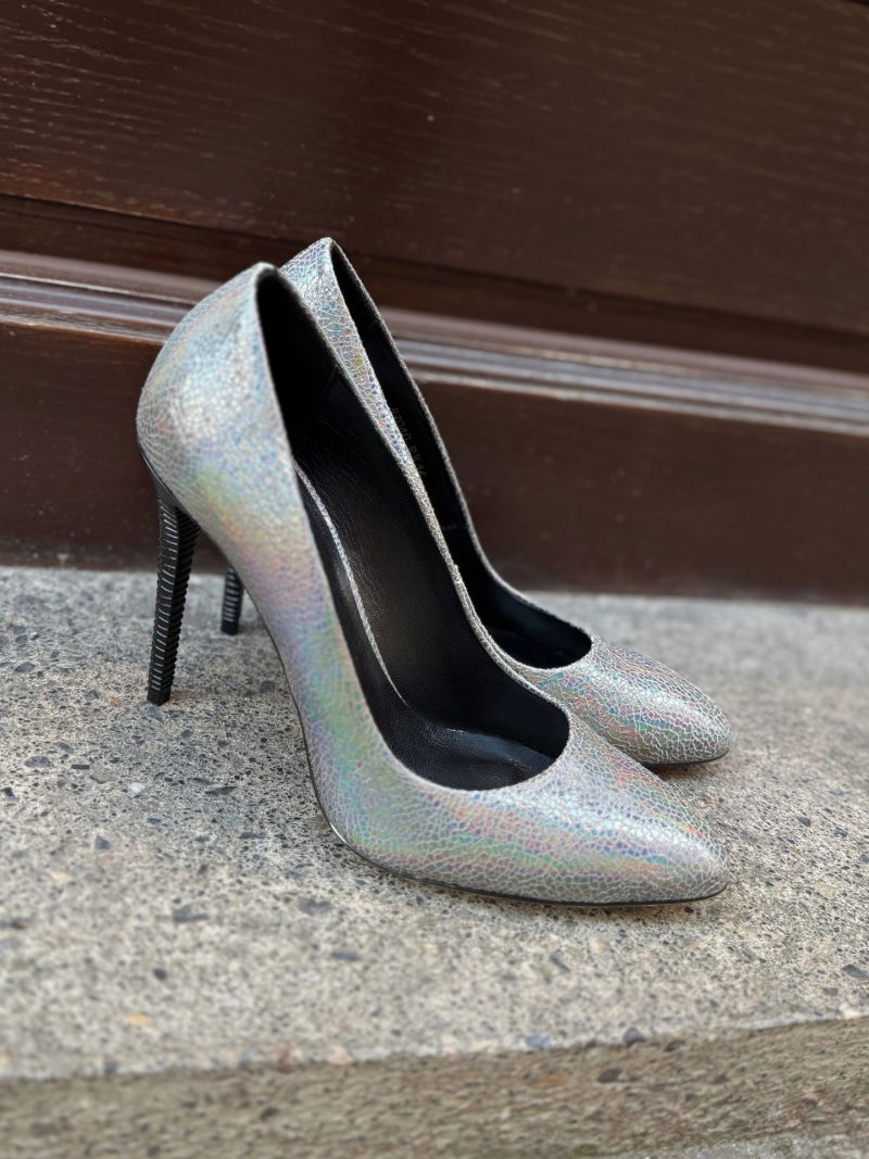 High silver heels with unique natural leather and decorative heel, Konopka Shoes