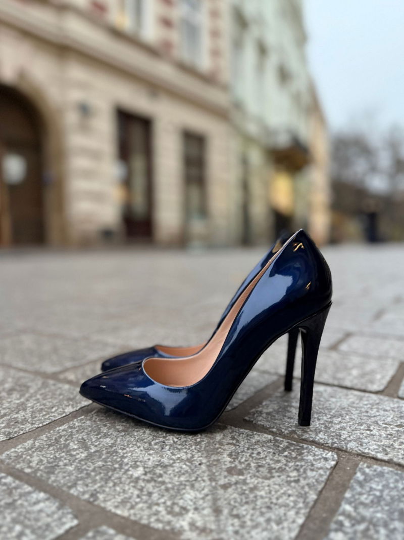 High navy blue patent leather stilettos, beautiful women's stilettos, Konopka Shoes
