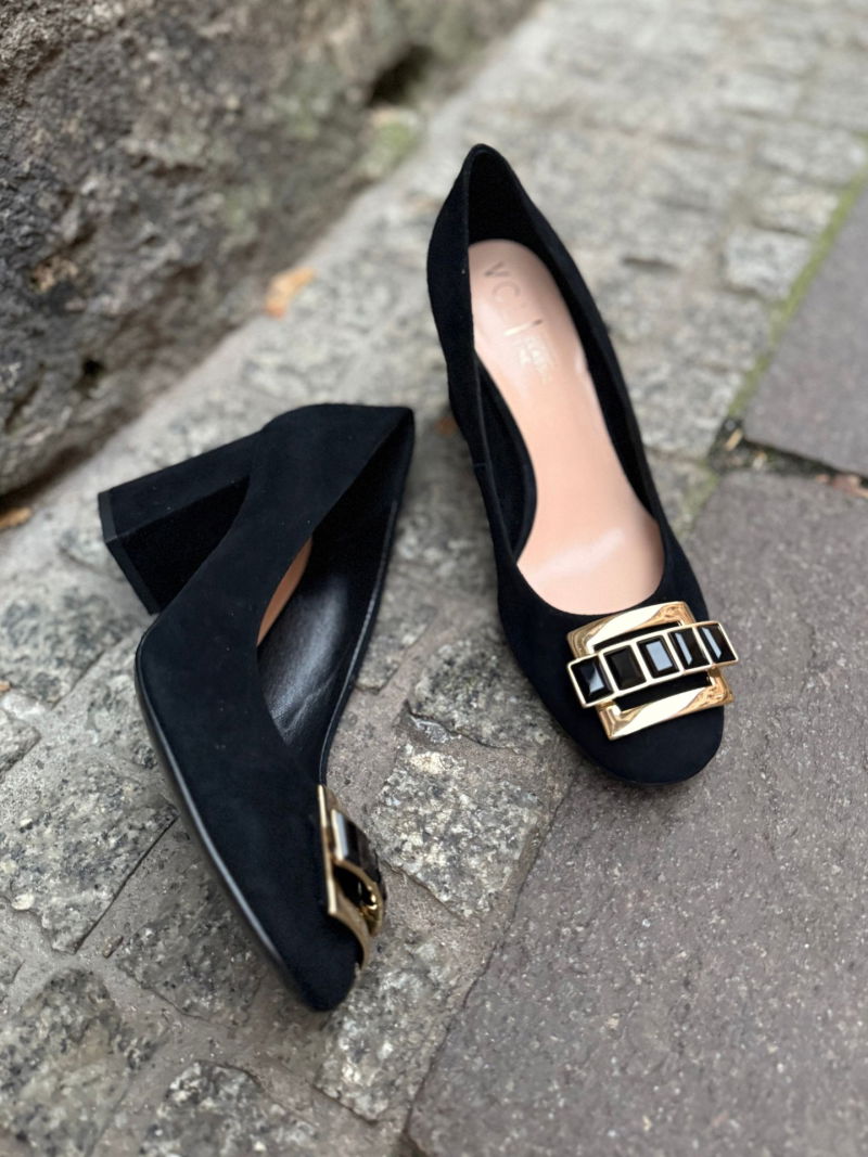 Women's wide-heeled shoes made of black suede leather, suede pumps with a block heel and gold embellishment, Konopka Shoes