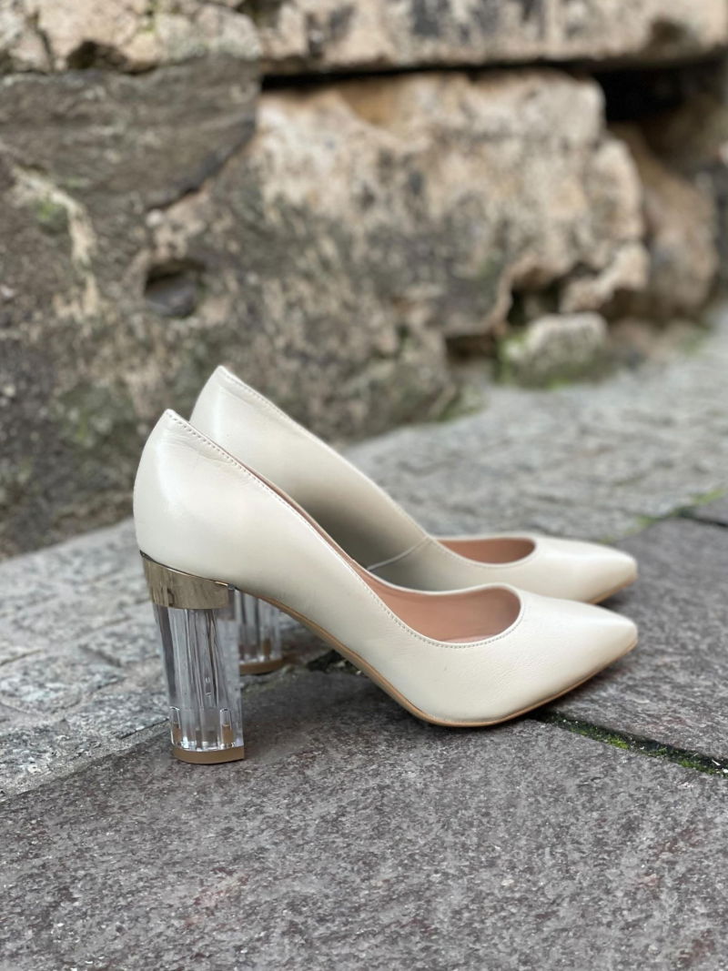 Unique pumps with transparent heels, beige pumps with comfortable block heels
