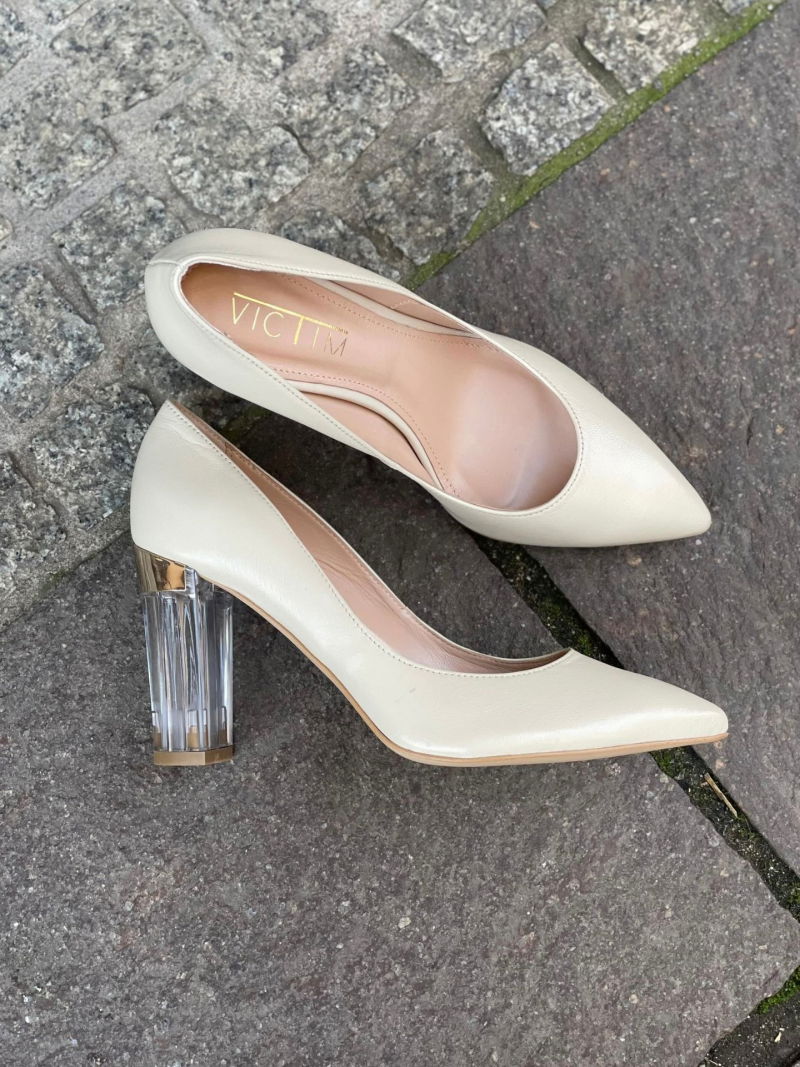 Unique pumps with transparent heels, beige pumps with comfortable block heels