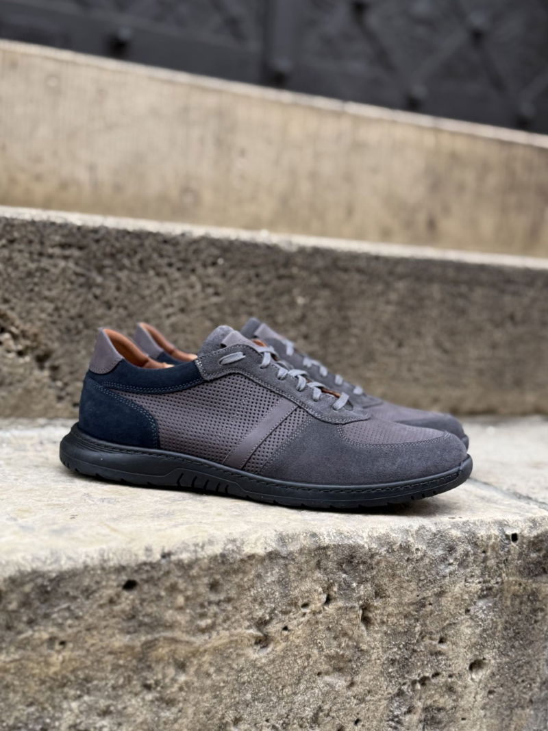Wide and comfortable men's shoes, gray suede low shoes, Konopka Shoes