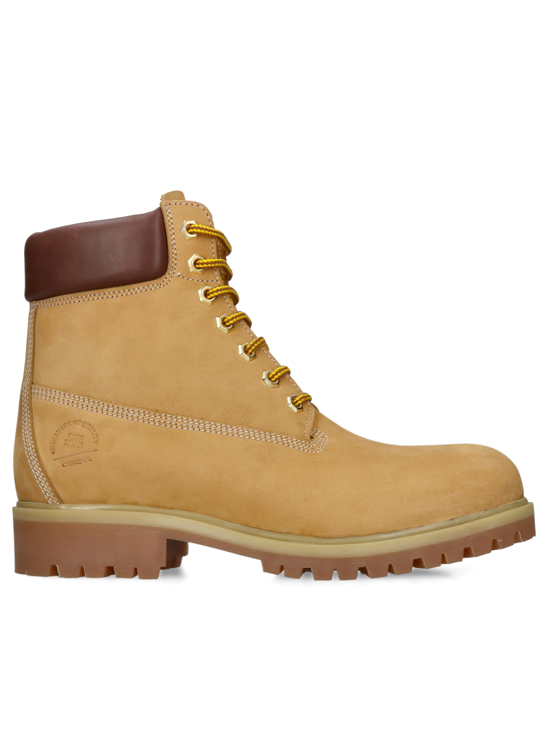 Unlined mustard-colored Conhpol men's boots with thick soles, original lace-up men's boots