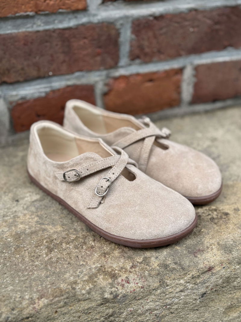 Beige women's barefoot shoes made of beige suede, summery and delicate barefoot shoes