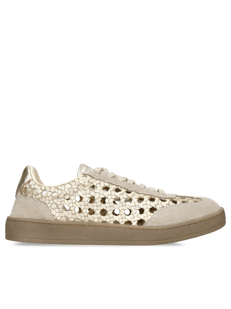 Openwork light gold women's sneakers, high-quality woven natural leather