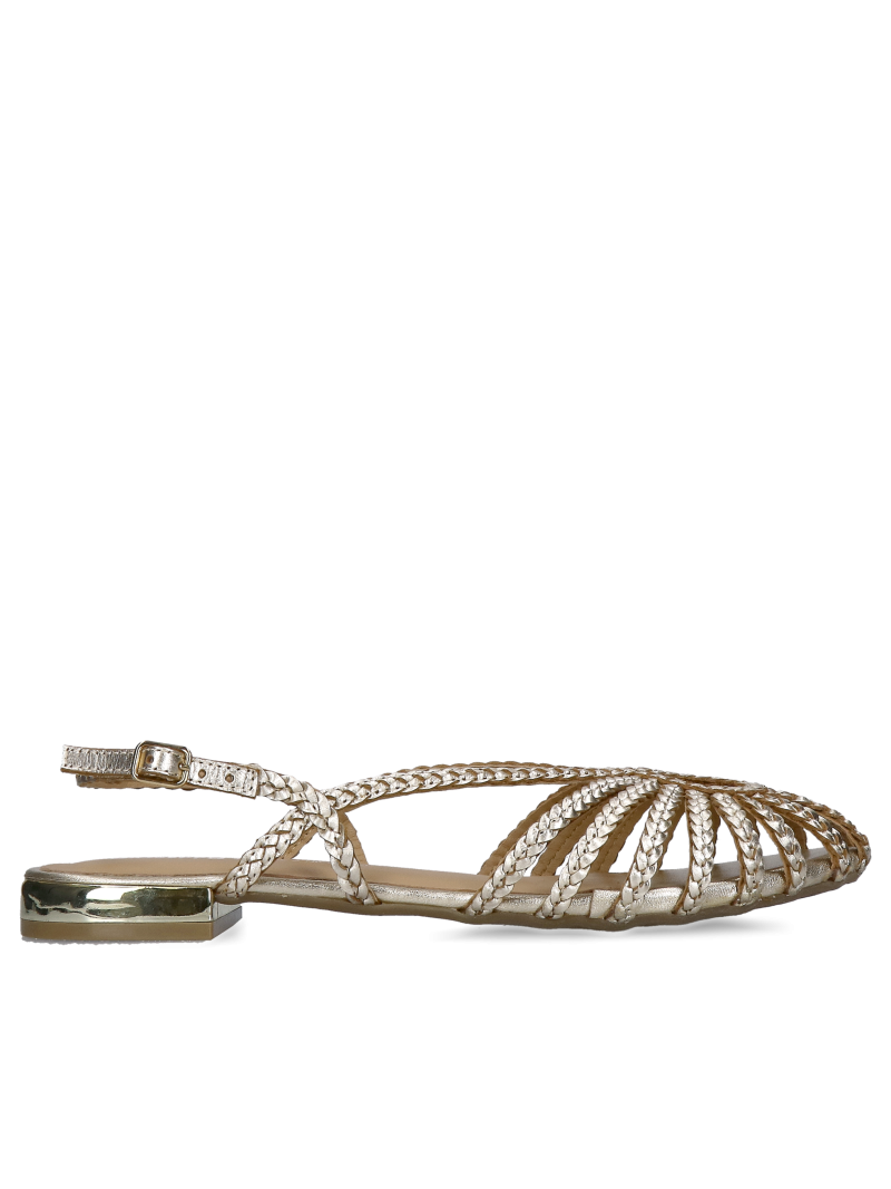 Women's woven sandals in gold leather, women's slingback shoes without heels, Konopka Shoes