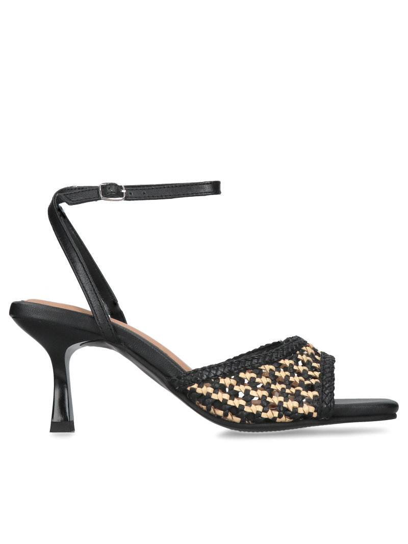 Delicate high-heeled sandals made of woven leather, black sandals to wear with a dress
