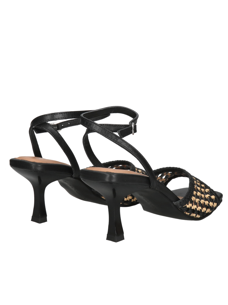 Delicate high-heeled sandals made of woven leather, black sandals to wear with a dress