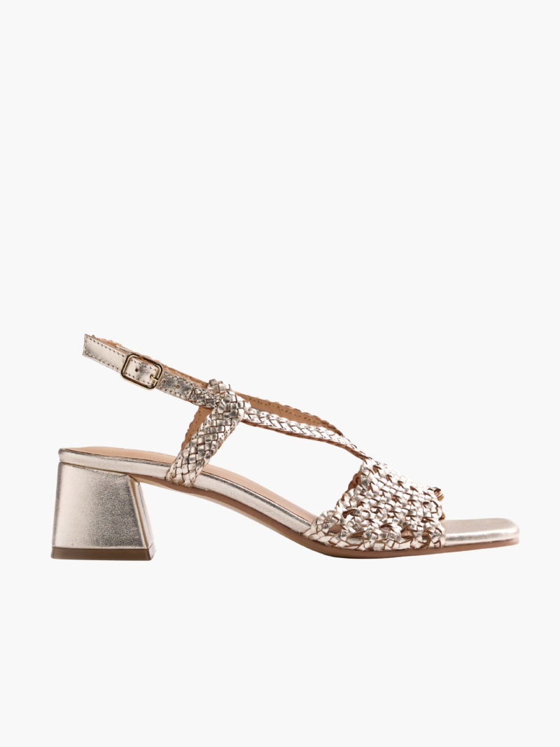 Woven block heel sandals, gold leather sandals for a summer dress