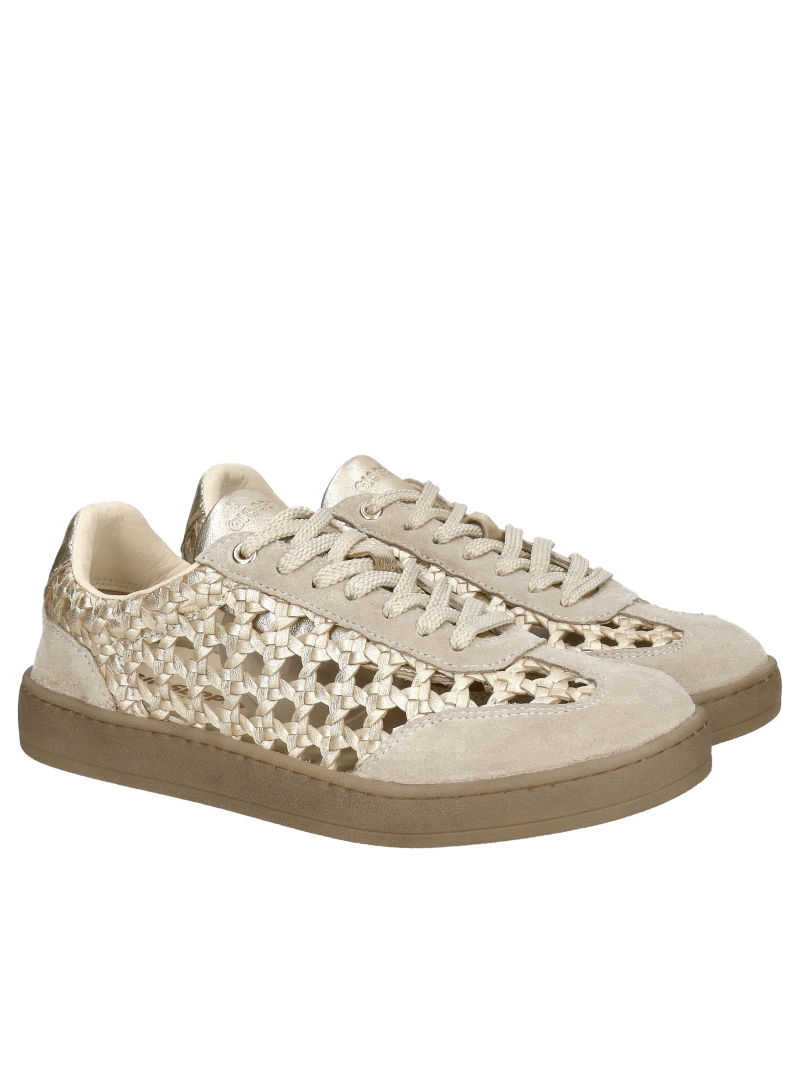 Openwork light gold women's sneakers, high-quality woven natural leather