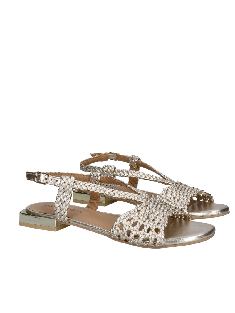 Low-heeled sandals, golden woven leather, perfect for summer dresses, Gioseppo, Konopka Shoes